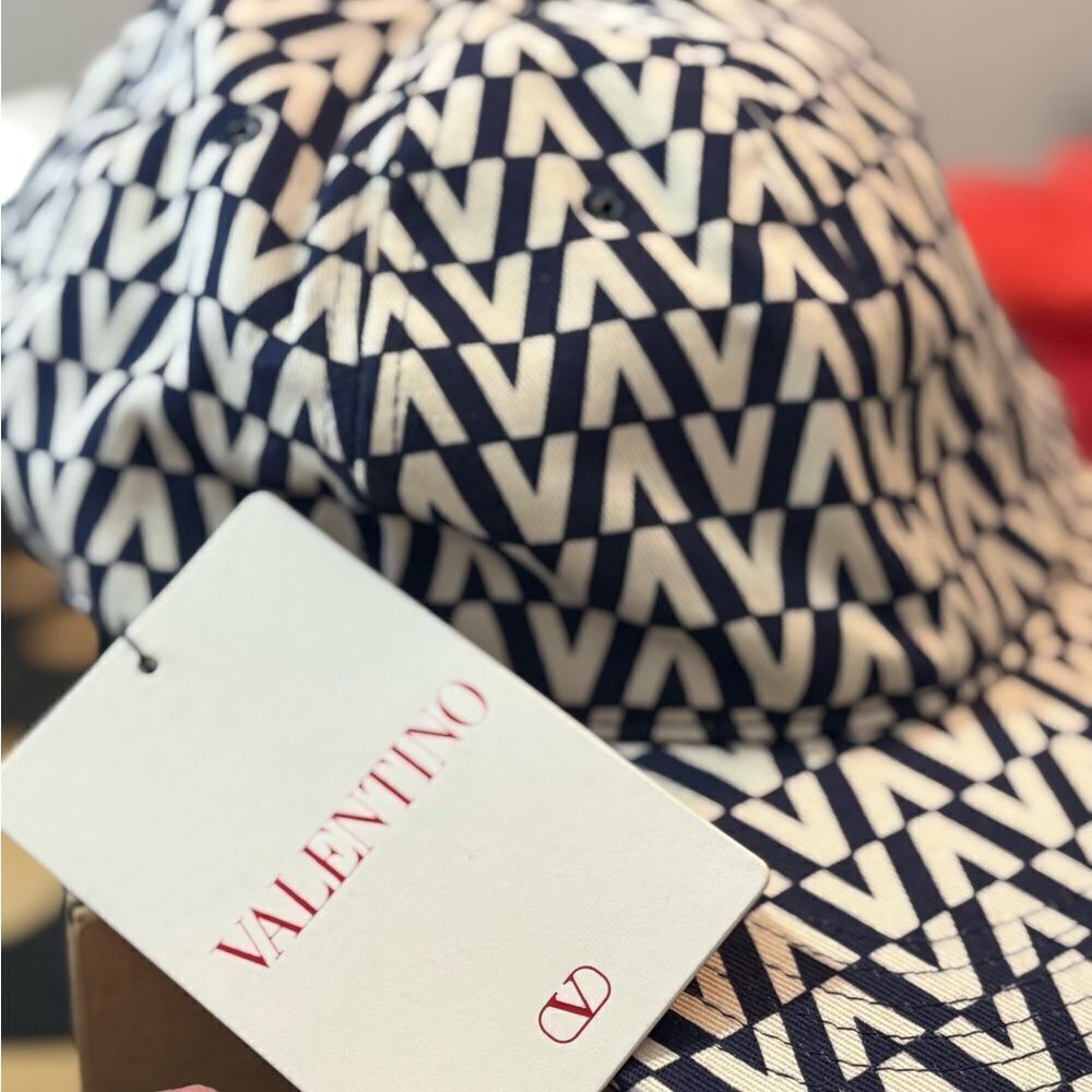 Valentino Garavani & Dust Bag Navy and White Patterned Hat $425